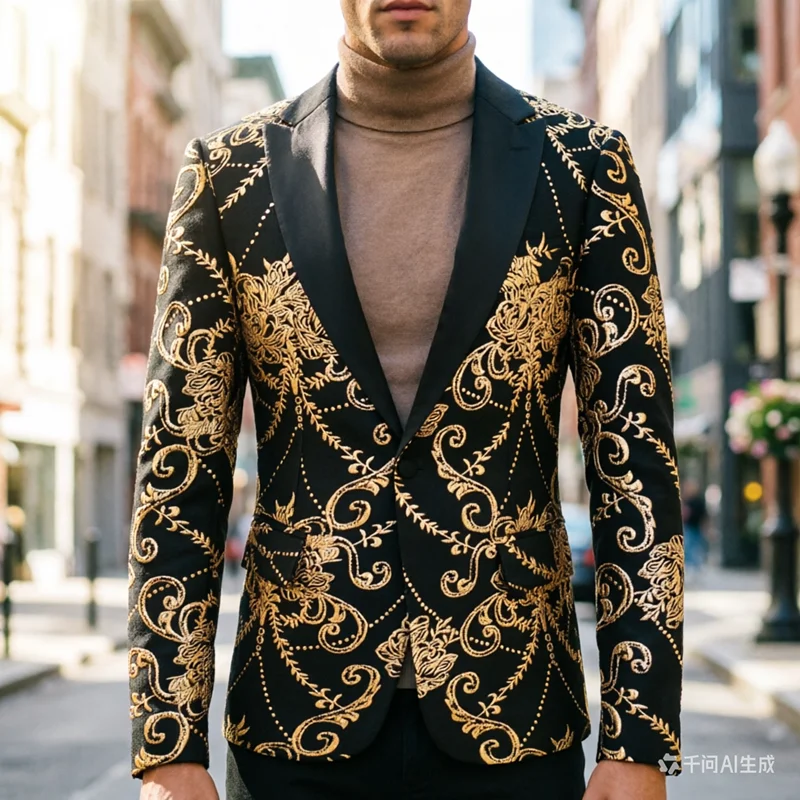 

Новый мужской роскошный жаккардовый костюм: приталенный пиджак для выступлений, модный блейзер для певцов, ведущих и сценических выступлений, трендовый пиджак-пальто