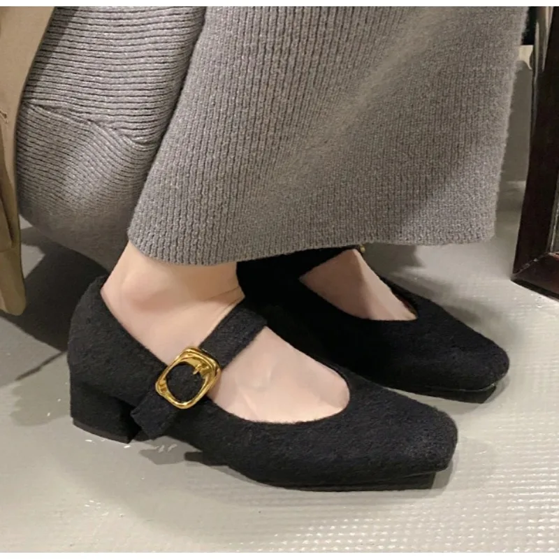 

Women Square Toe High Heels Shoes Suede Marie Janes Shoes New Winter Woman Brand Fashion Shallow Elegant Pumps Zapatillas