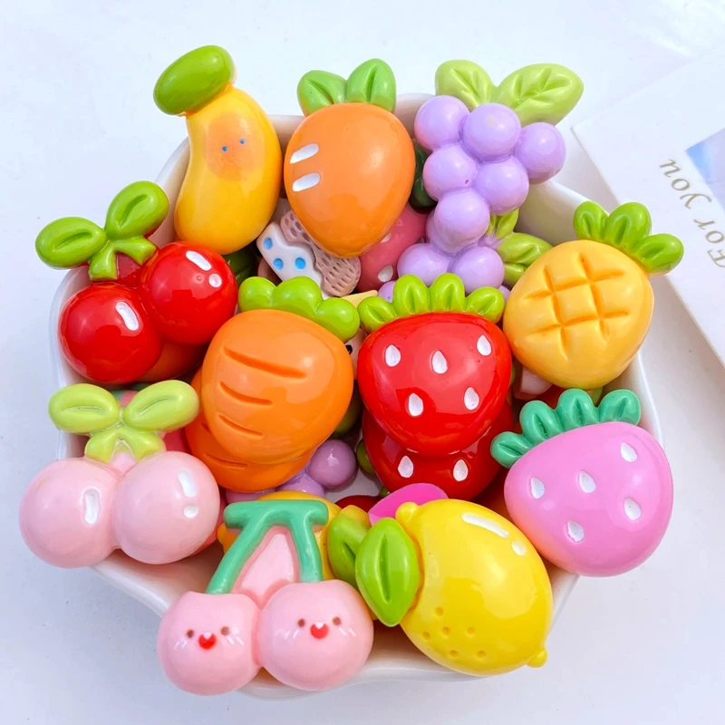 10Pcs New Cute Resin Cherry Strawberry Grape Radish Flat Back Parts Embellishments For Hair Bows Accessories