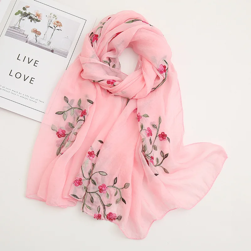 Chinese Style Embroidered Chiffon Hijab Scarf for Muslim Women – Peach Blossom Design, Elegant Long Wrap 3