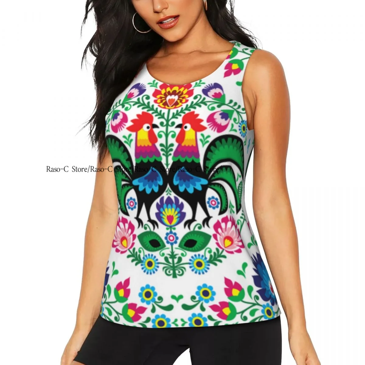Women Casual Sport Yoga Vest Floral Folk Rooster Wzory Lowickie Wycinanki Quick Dry T-shirt Training Workout Gym Sleeveles