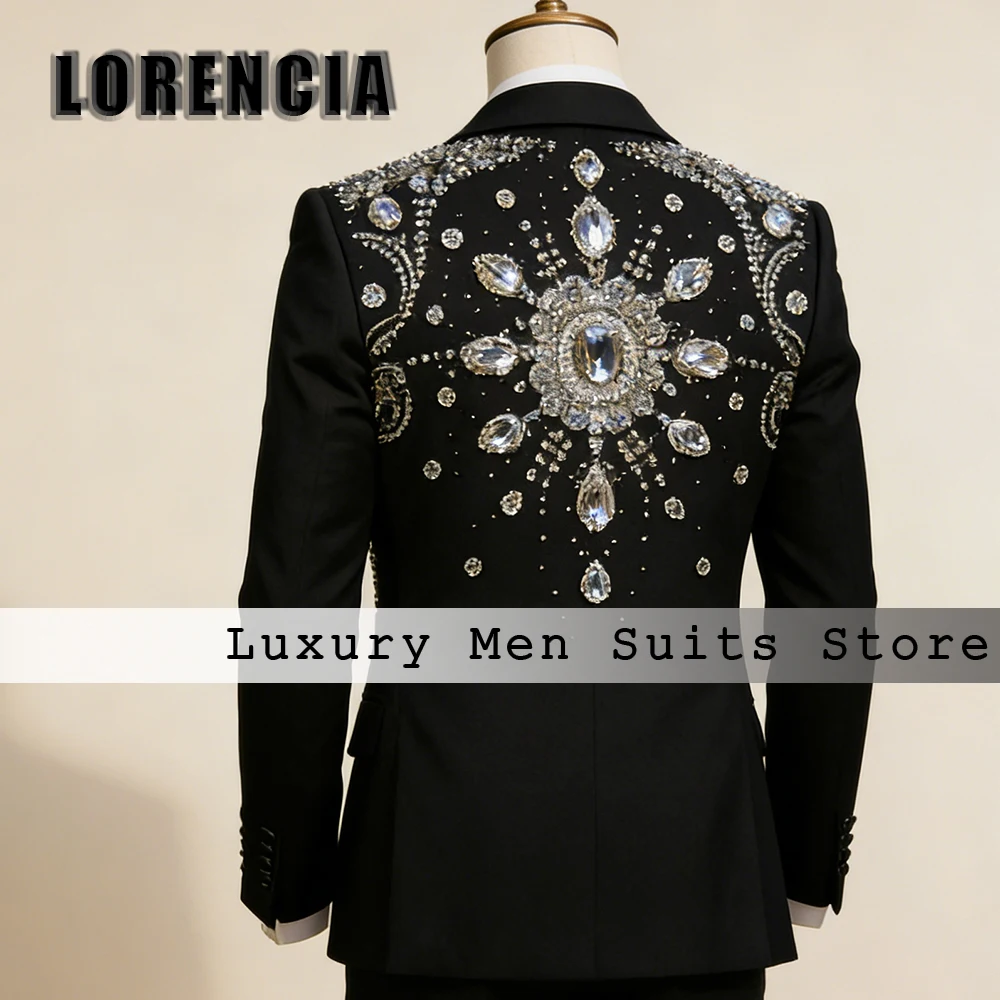 Classic Jewelry Men Suits 2 Pieces Crystal Tuxedos Set Wedding Party Groom Outfits Customized Blazer Pants traje hombre moderno