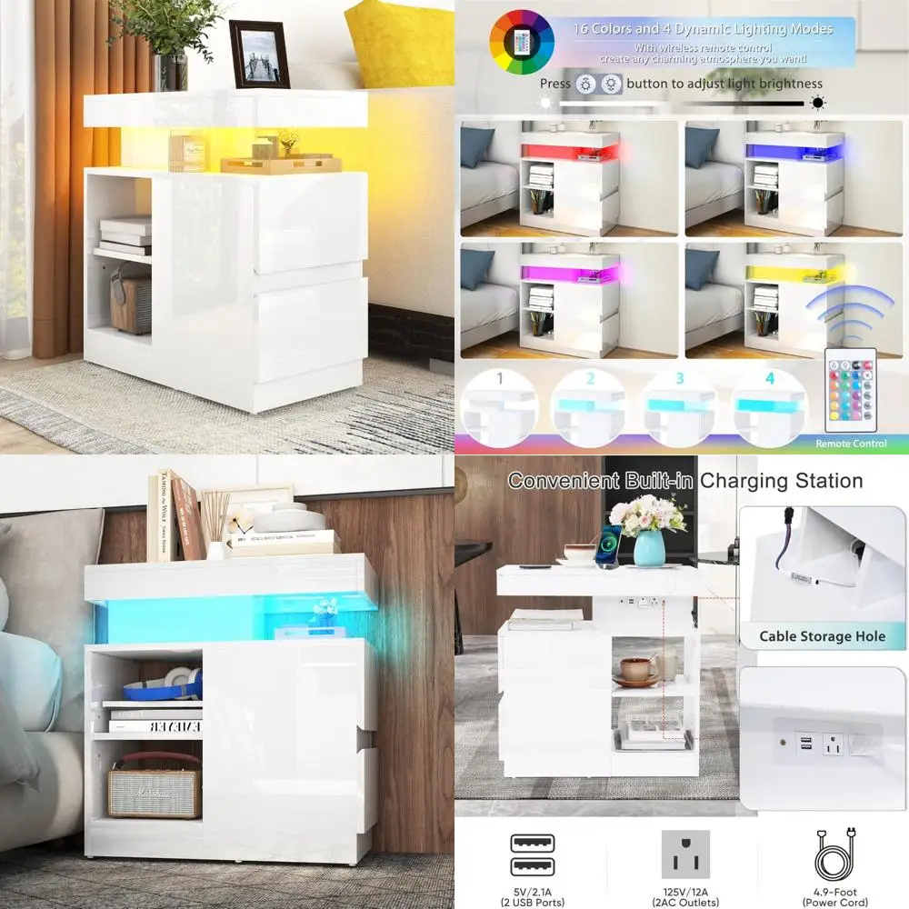 

Glossy LED-lit End Table with Charging Port, Drawer and Adjustable Shelf Sofa Side Table, Wooden Bedside Table