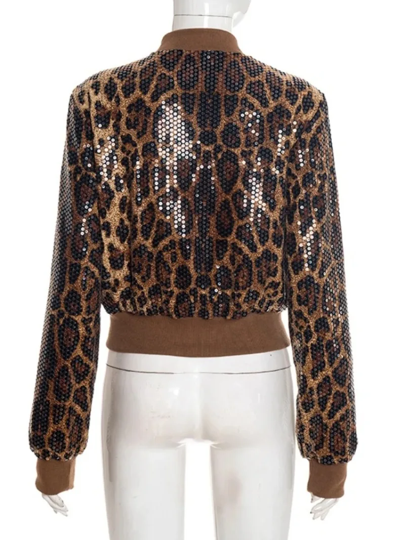 معاطف نسائية مطرزة بالترتر لخريف 2025 بياقة واقفة وسحّاب ملابس خارجية لامعة ملابس خروج نسائية بأكمام طويلة بطبعة الفهد سترة علوية #6