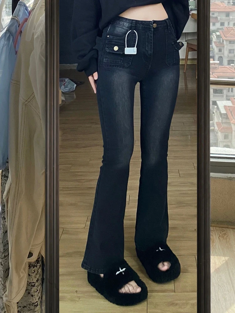 High Waist Bell Bottom Jeans Women's American Vibe Sle plus Size Summer Fashionable Long Pants Deep Color for Young Women