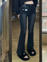 High Waist Bell Bottom Jeans Women's American High Street Style plus Size Summer Fashionable Long Pants Deep Color