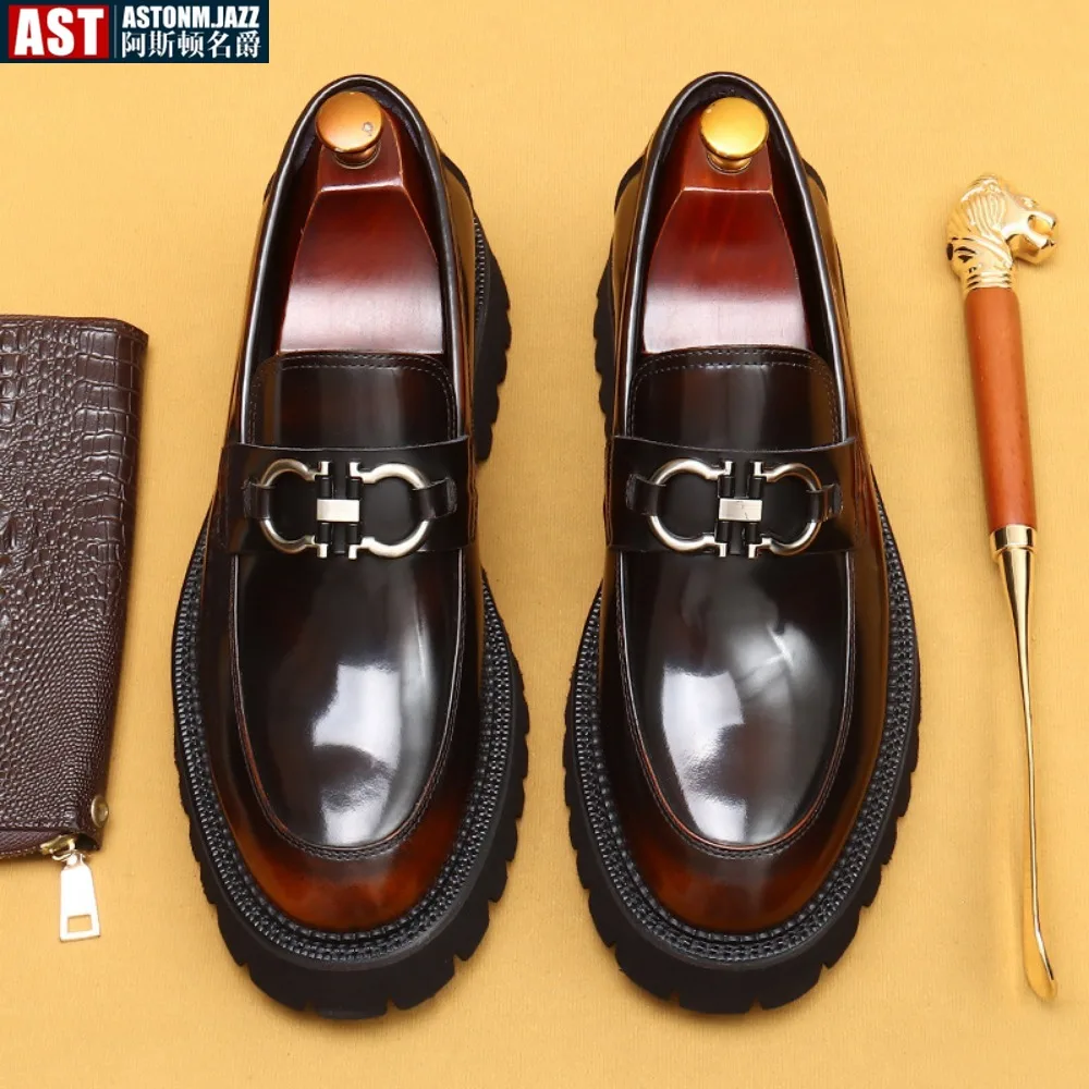 

Casual Cowhide Leather Increased Height British Shoes Metal Horsebit Thick-Soled Genuine Leather Shoes for Men Business Formal