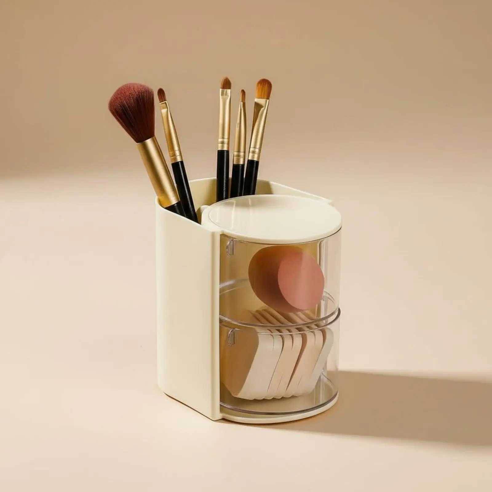 Dustproof Makeup Sponge Organizer Multi-Functional Rotating Makeup Brush holder High Capacity Dressing Table Organizer Tool
