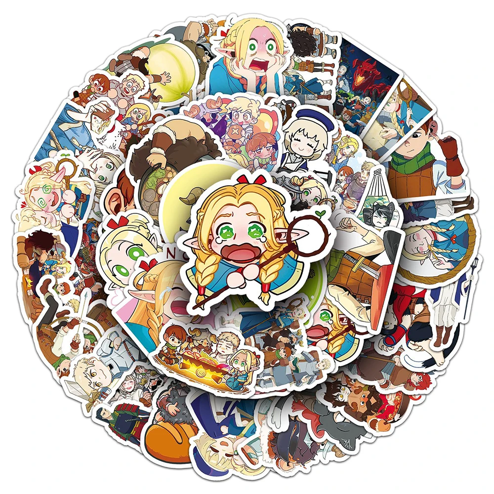 10/30/50 Uds Anime japonés delicioso en mazmorra pegatinas lindo Marcille Laios ‌   Calcomanías de dibujos animados Maleta Laptop Teléfono Manga Etiqueta