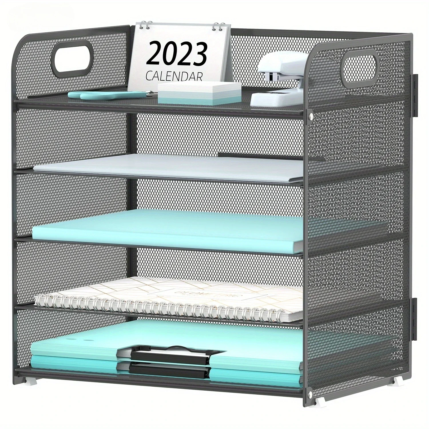 5 Tier Paper Organizer, Mesh Desktop Paper Alphabet Tray Organizer with Handles, Paper Sorter