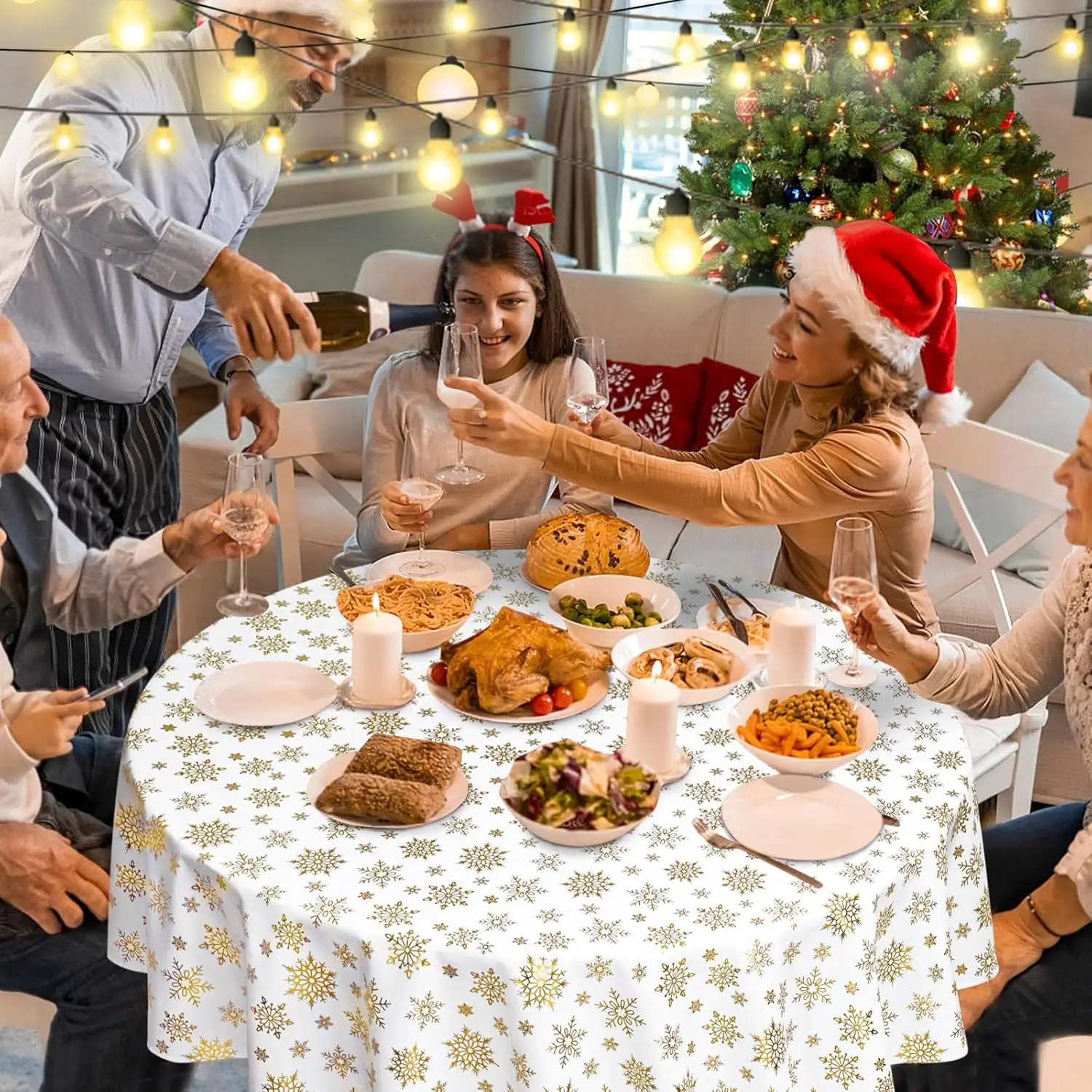 Christmas Table Cloth Round Waterproof White Gold Snowflake Tablecloth, Washable Metallic Xmas Table Cover Spillproof Winter