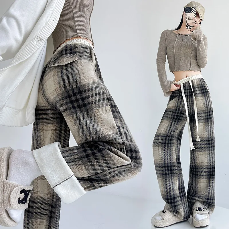 

Модные универсальные свободные брюки прямого кроя с широкими штанинами из утолщенного твидового материала в клетку для женщин, осень 2026