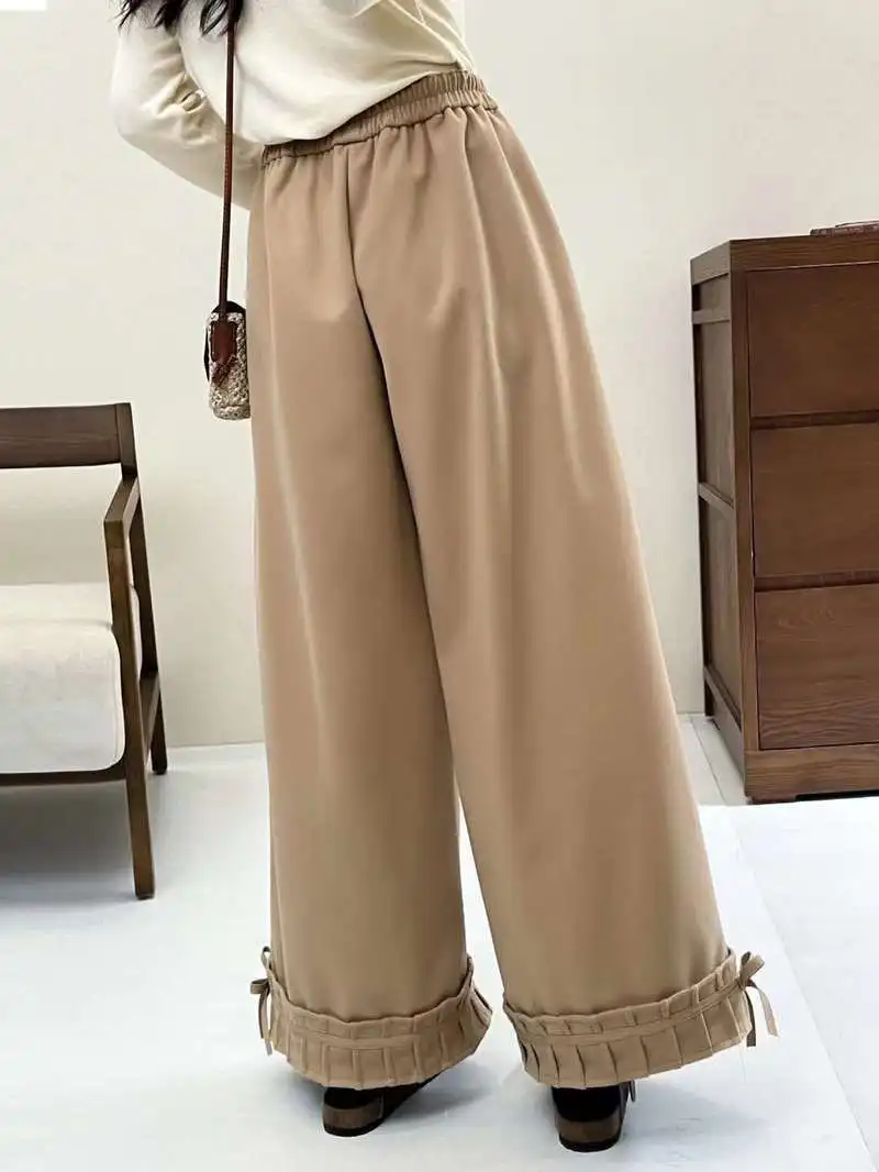 New 2025 Autumn Cotton Thicken Pants, Women Elastic Waist Flods Bow Patchwork, Mori Girl French OL Casual INS Trousers B5N230CC