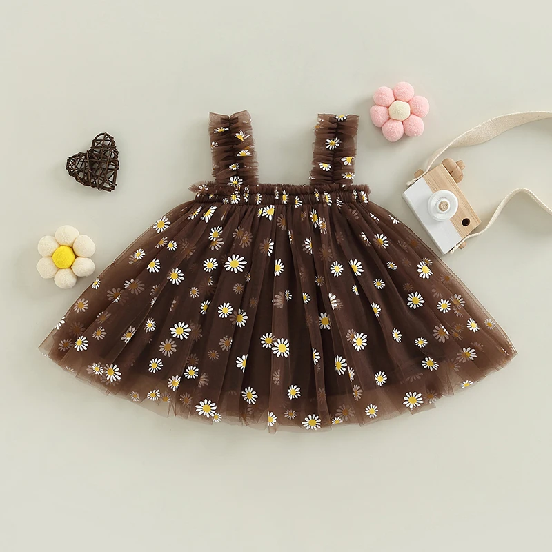 Toddler Kids Girl Summer Sling Dress Sleeveless Daisy Print A-line Tulle Princess Dresses For Girls Party Beach Holiday Clothing