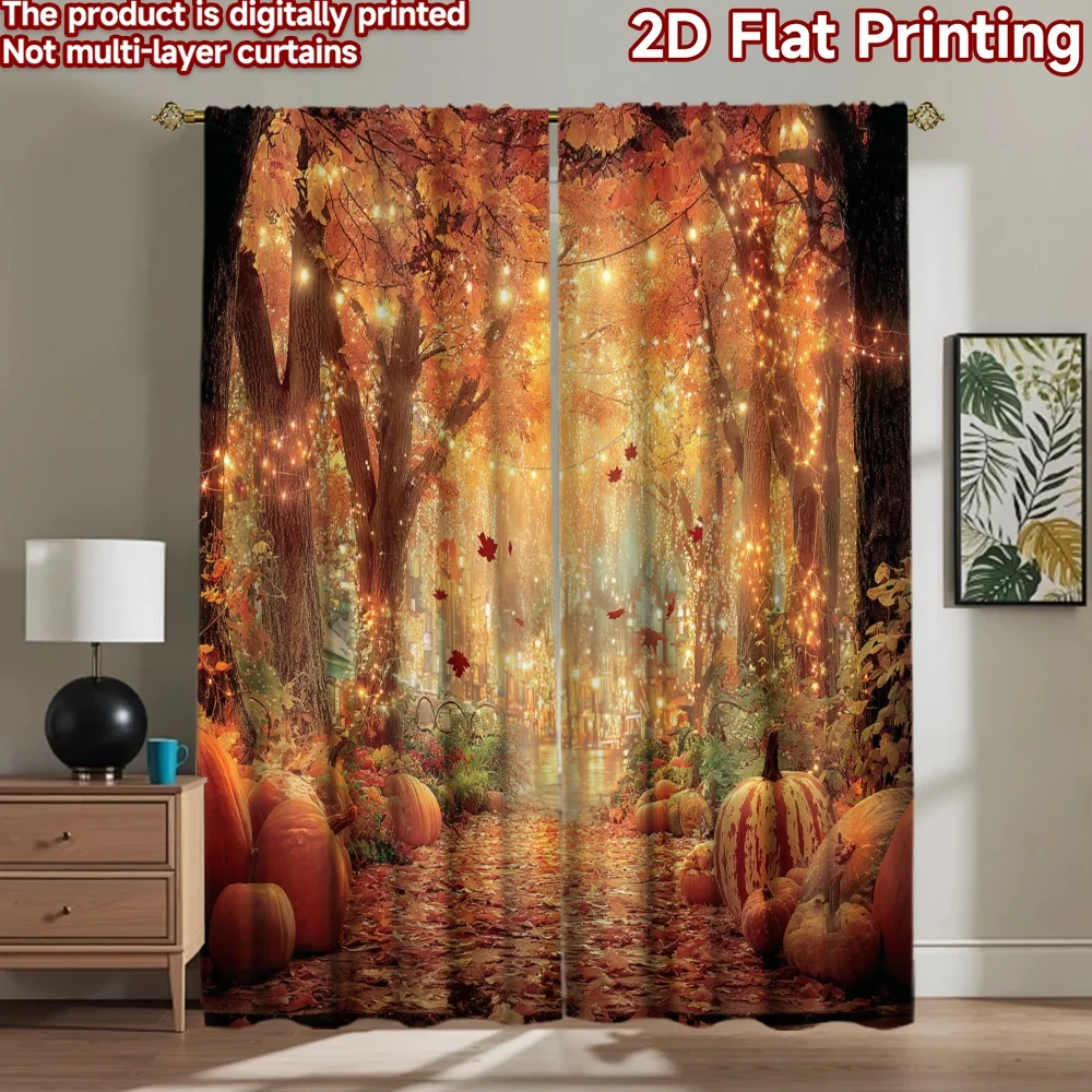 2D flat printing 2pcs Curtains Autumn Thanksgiving Path Pumpkins Digital Printed Polyester Drapes Family Party Decoration