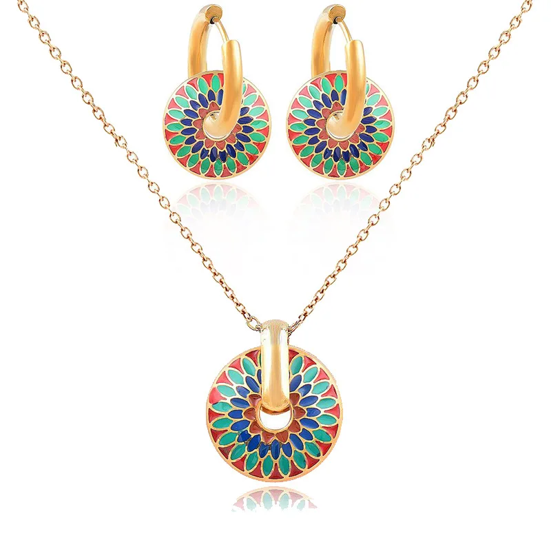 

New Fashion Stainless Steel Ethnic Style Ear Hoop Flower Round Pendant Necklace Earrings Set Trend Choker Neck Chain Jewelry