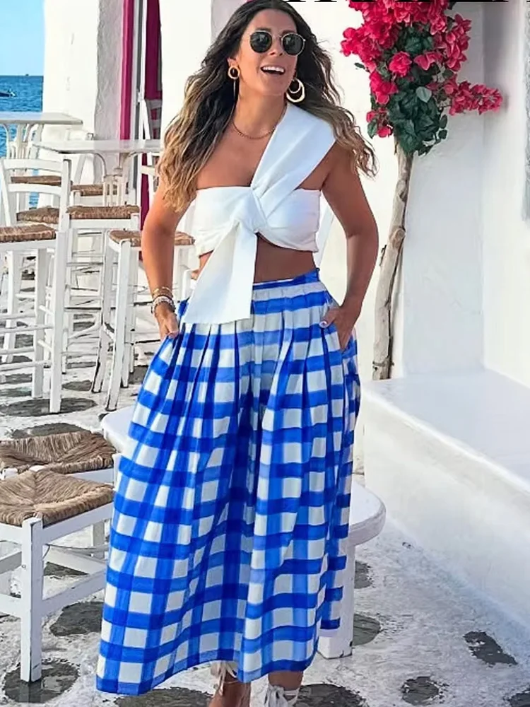 

HH Summer Women's New Fashion Side Zipper Plaid Midi Skirt Female Elegant Casual Pleated Decoration Pockets A-Line Skirt