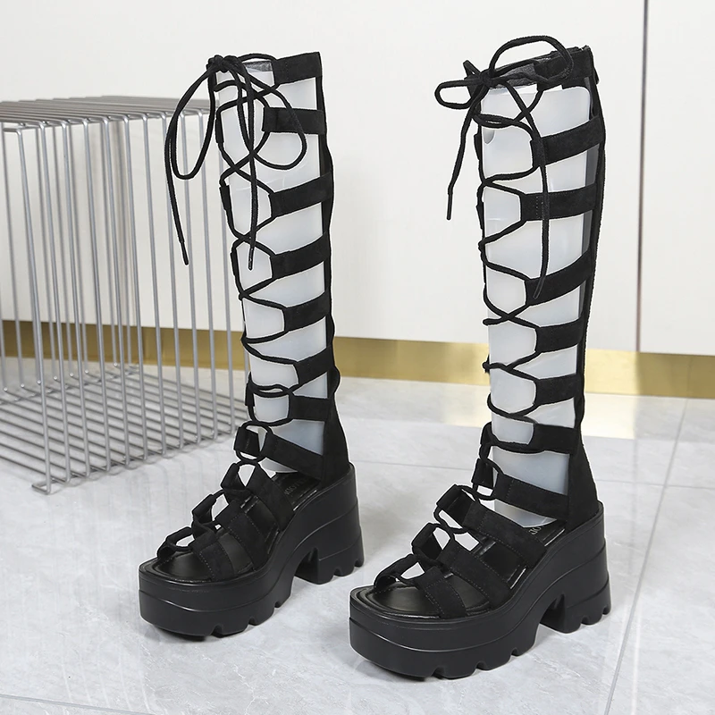 2026 Luxury The Summer High-top Sandals with Thick-soled Perforated Straps and Fashionable Open-toe Long Cool Boots for Women