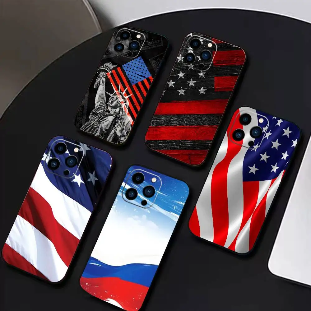 

Statue Liberty America USA Flag Phone Case For iPhone 17 16 15 14 13 12 Max Plus Silicone Black Cover