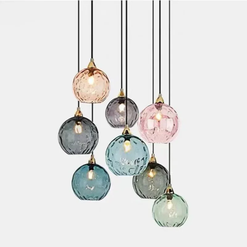 

Nordic Colored Glass Ball Lustre Pendant Lights Modern Water Grain Restaurant Kitchen Hanging Light Fixture Bedroom Bedside Lamp