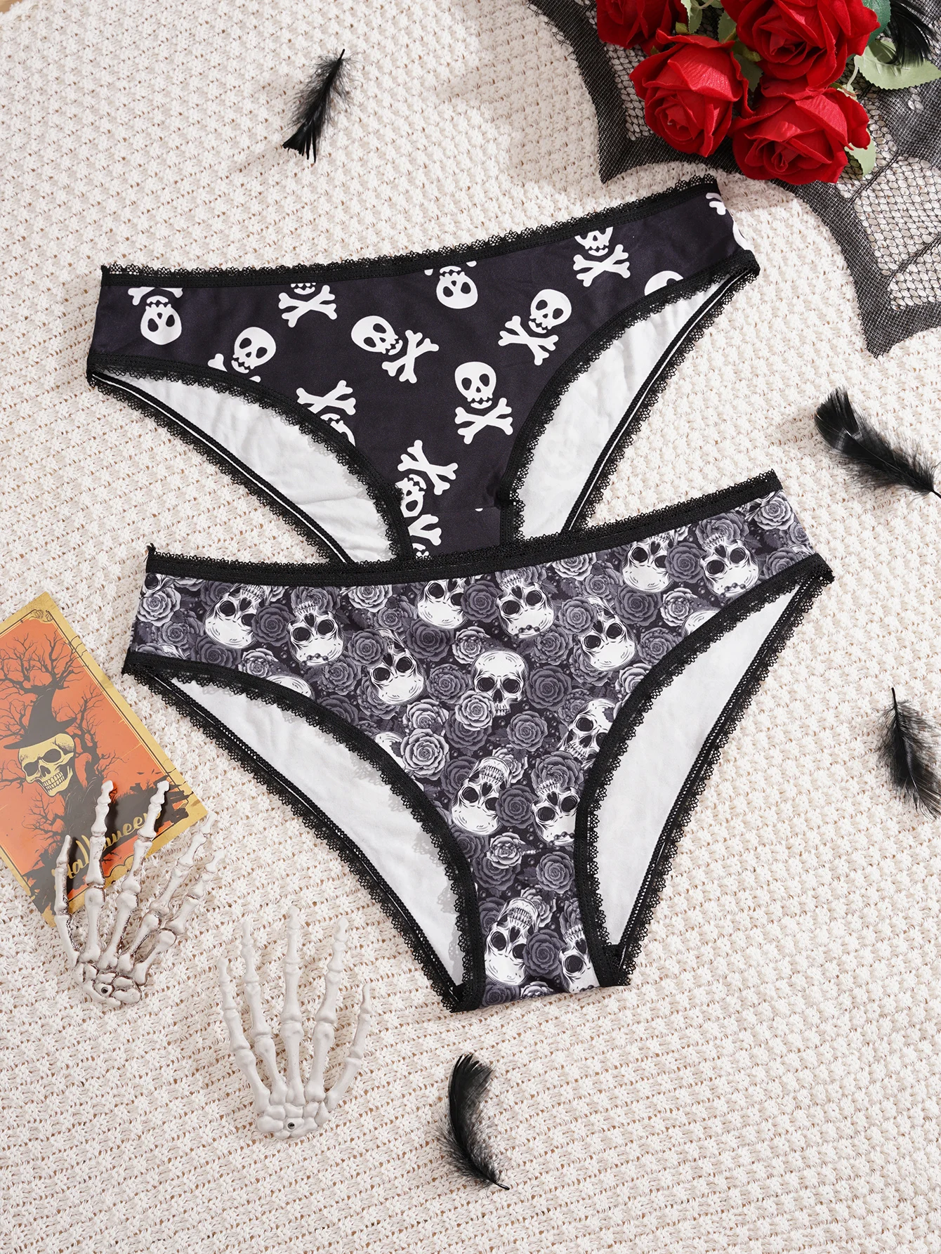 Sexy Cute Gothic Halloween Contrast Lace Hipster Panties, Allover Print Comfy Intimates Briefs Panties, Women's Underwear & Ling