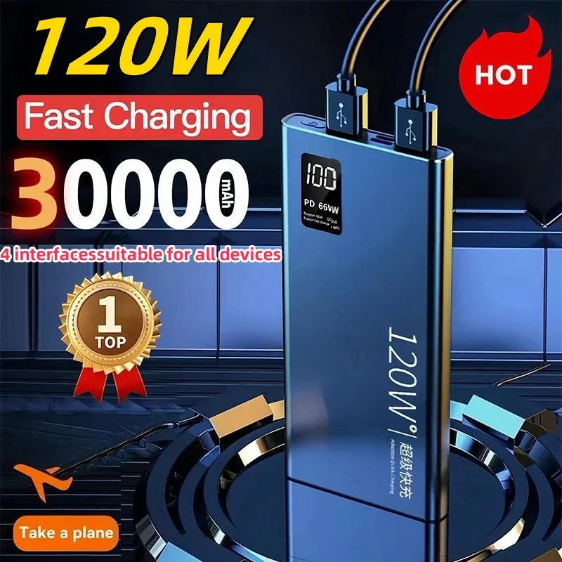 デュアルポート急速充電パワーバンク,30000mAh, 120W,iPhone, Xiaomi, Huawei, Samsung用のデジタルディスプレイ付きポータブルバッテリー充電器