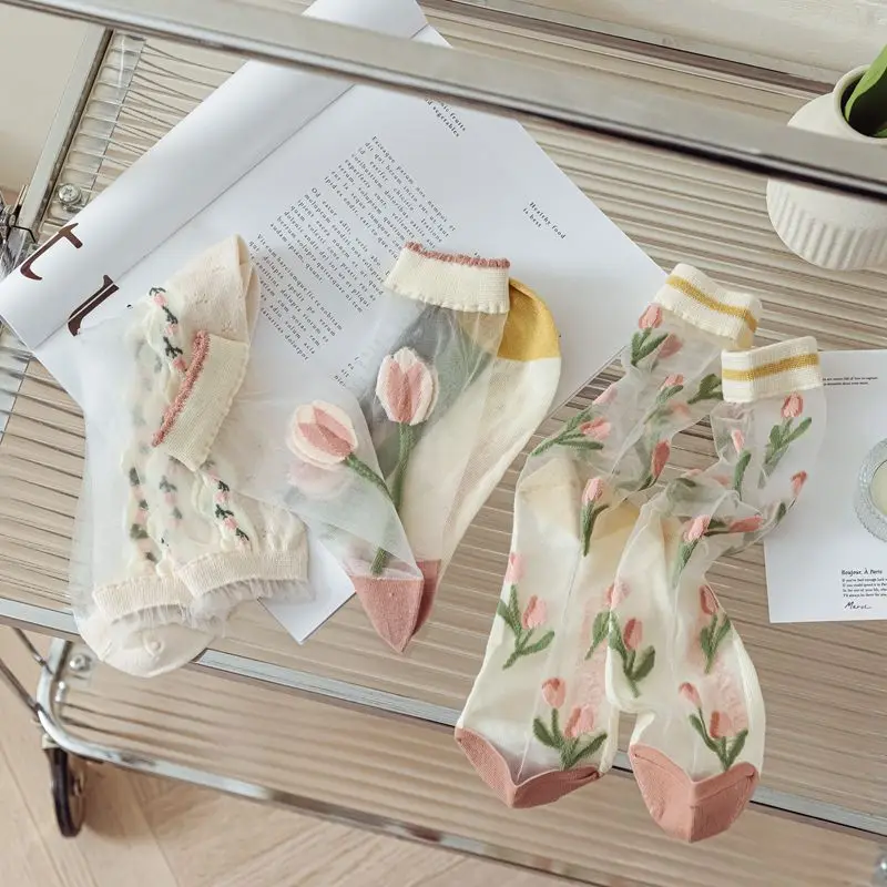 Fashion Summer Ultra-thin Transparent Crystal Silk Women Socks Harajuku Crew Socks Retro Flower Streetwear Elastic Long Socks