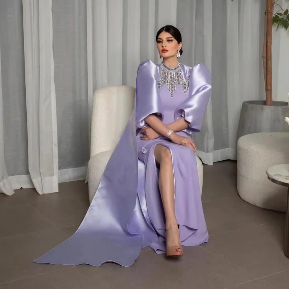 تخصيص رائعة Ruched س الرقبة المرأة فستان حفلة موسيقية نصف كم الساحرة عالية سبليت فستان الحفلات الديكور المرأة ثوب مسائي