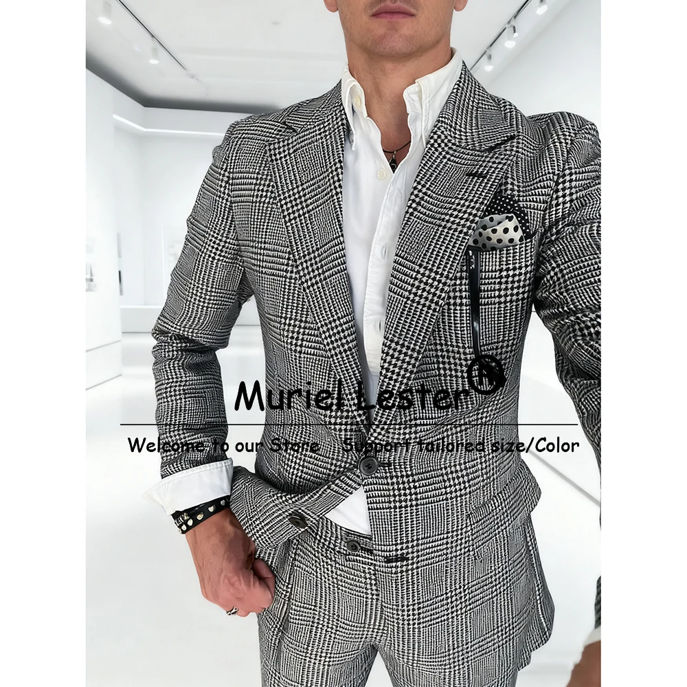 클래식 하운드투스 비즈니스 정장 남성 2피스 세트 싱글 브레스티드 재킷 바지 맞춤형 신랑 이브닝 디너 파티 턱시도