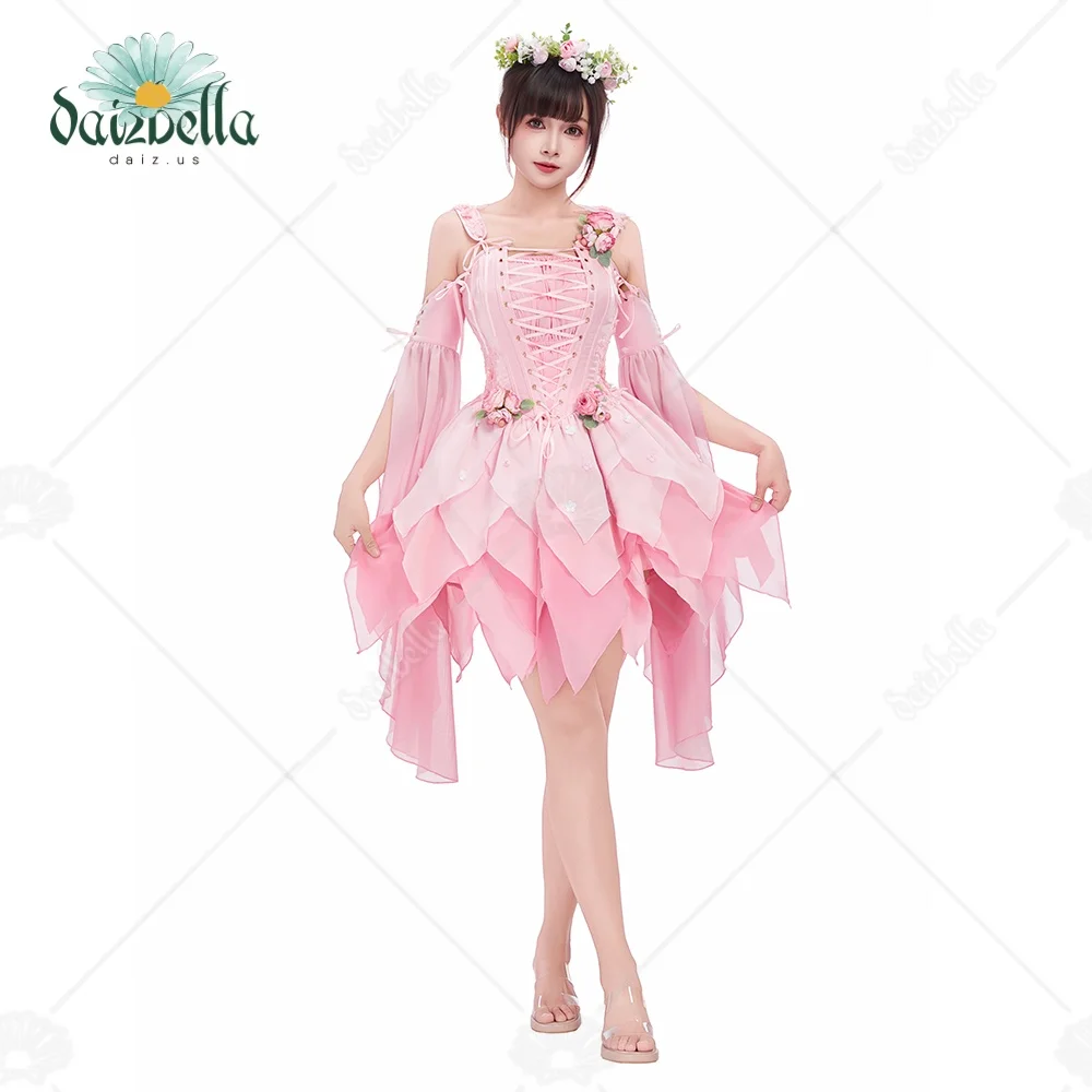 US Stock DAIZBELLA Women's Medieval Flower Elf Fairy Pink Dress Renaissance Fantasy Costume Inner Dress and Corset with Sleeves view 2