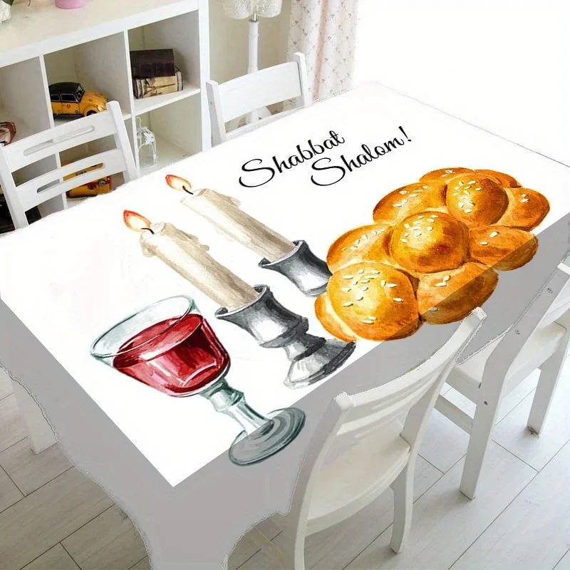 One Jewish Sabbath tablecloth - white background with artistic watercolor design, featuring bread, candles and wine themesxzj