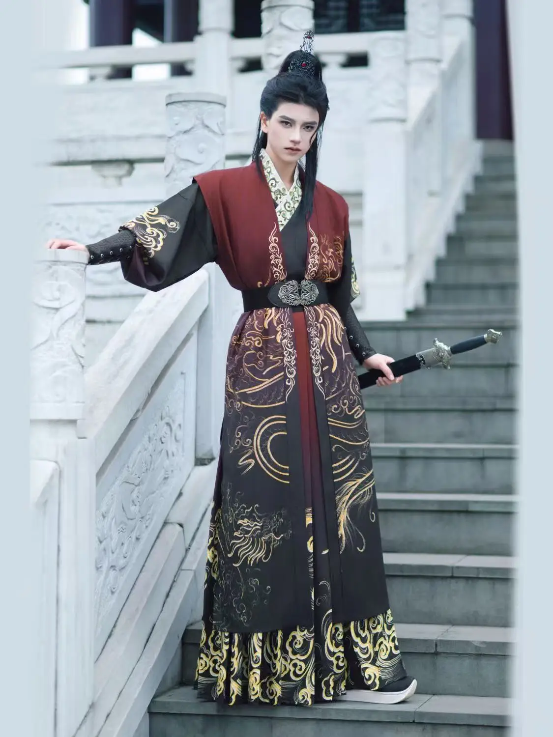 

Китайский дракон с принтом Hanfu, мужская традиционная юбка Beizi, традиционная фехтовальщик династии Сун, сценический костюм для косплея, подростковый костюм