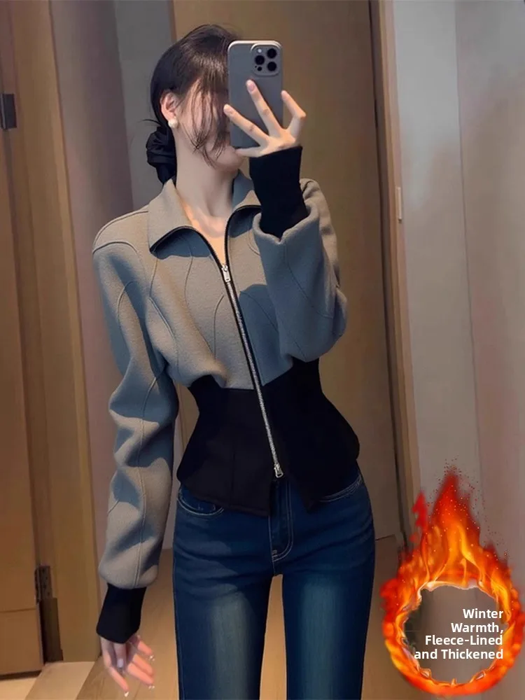 

Elegant plus Size Korean Style Outerwear Women's Fashionable Autumn New Arrival Color Block Slimming Top Casual Commute Style