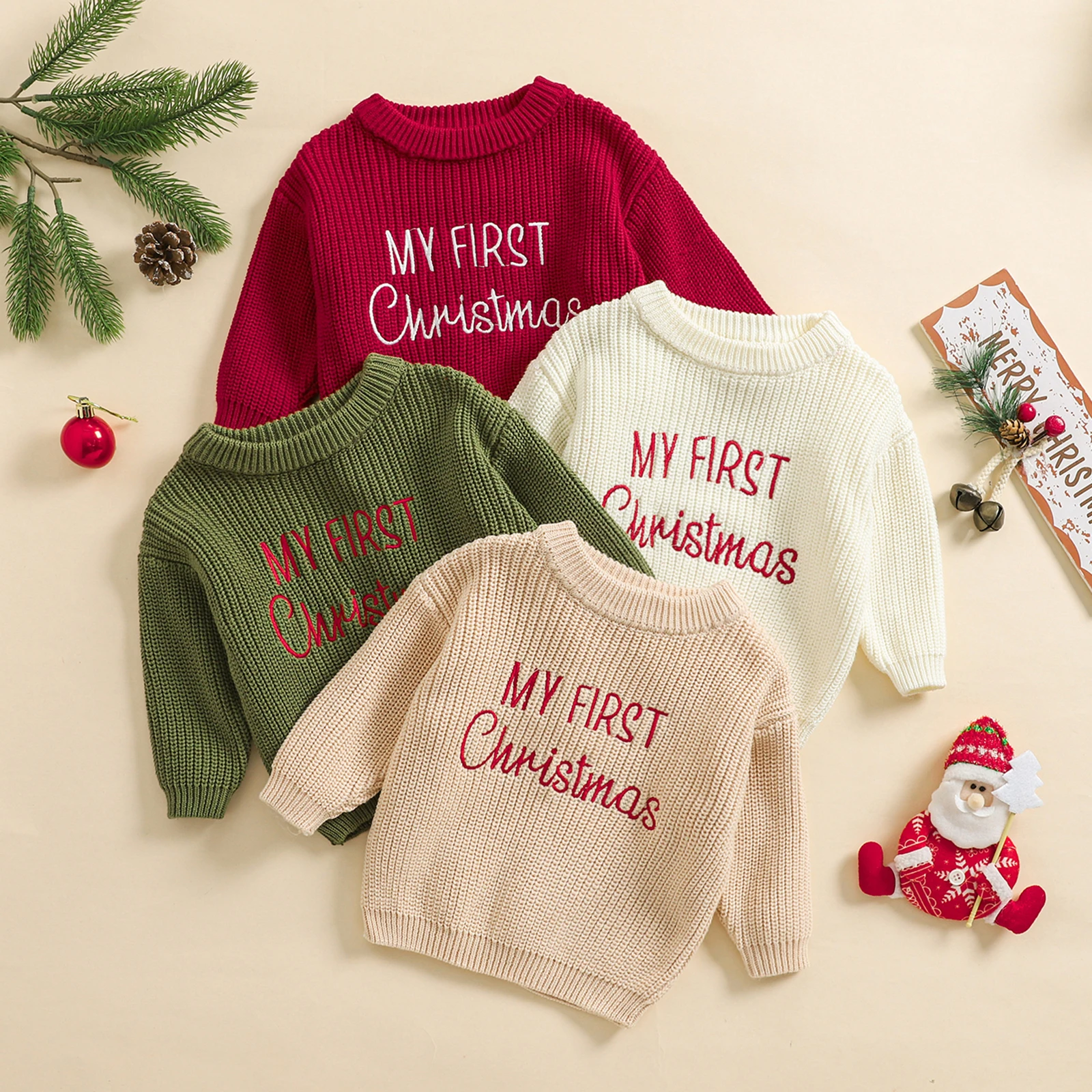 Baby First Christmas Sweaters Letter Embroidered Long Sleeve Round Neck Knitted Pullover Sweaters Infant Knitwear Tops