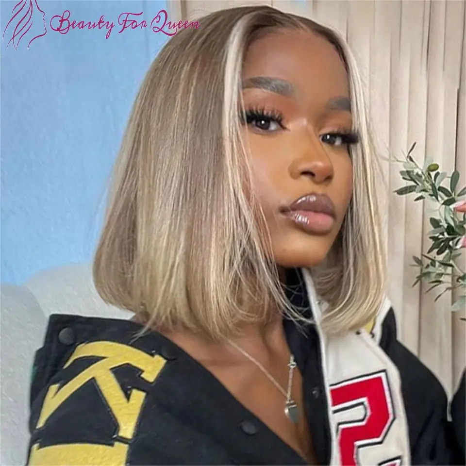 Straight Bob Brazilian Remy Lace Frontal Wig 180% Light Mushroom Brown With Blonde Highlights Glueless Wig Human Hair For Women