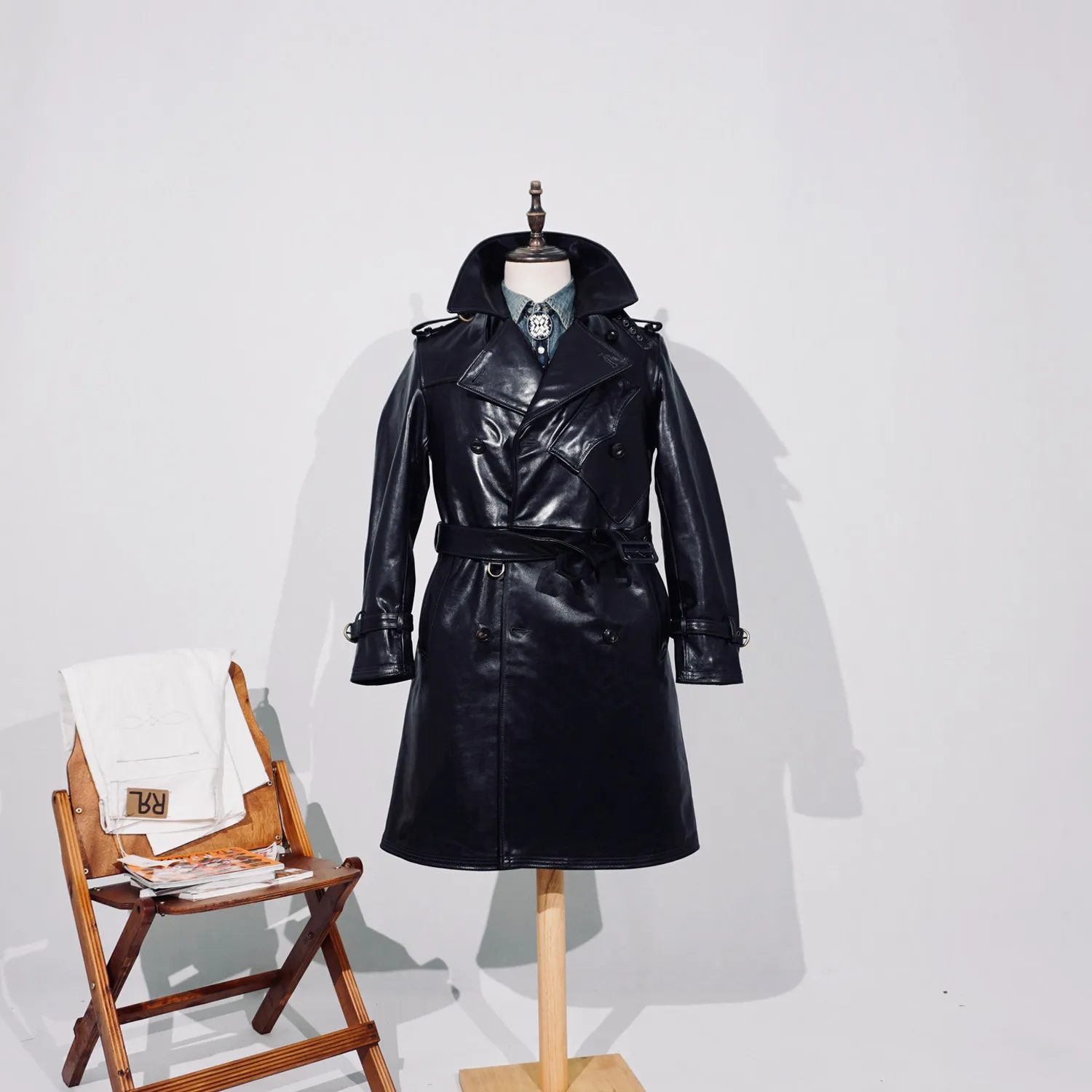 Classic lapel mid-length heavy horse leather trench coat tooling double-breasted cavalry jacket