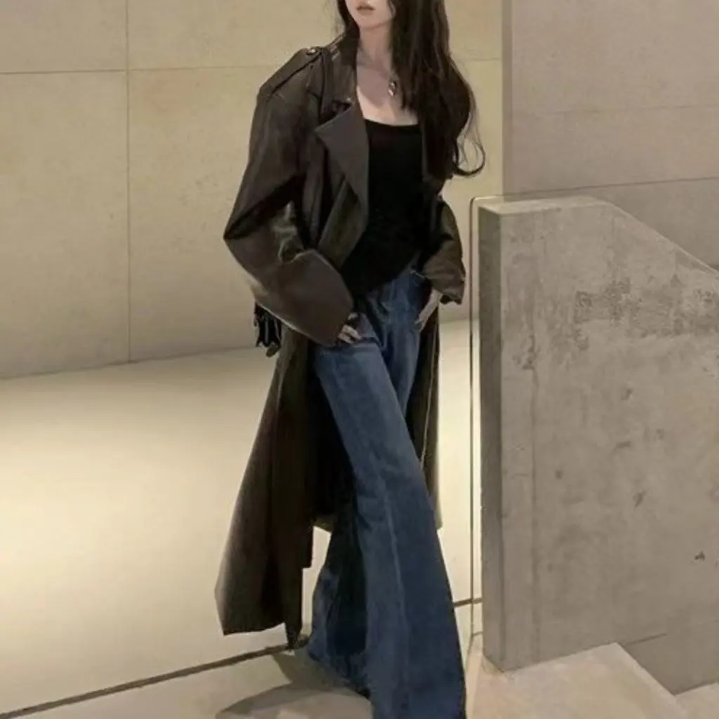 

Heavy Industry Female Leather Coat Mid-Length Windbreaker PU Over-the-Knee Spring Autumn Design European American Style