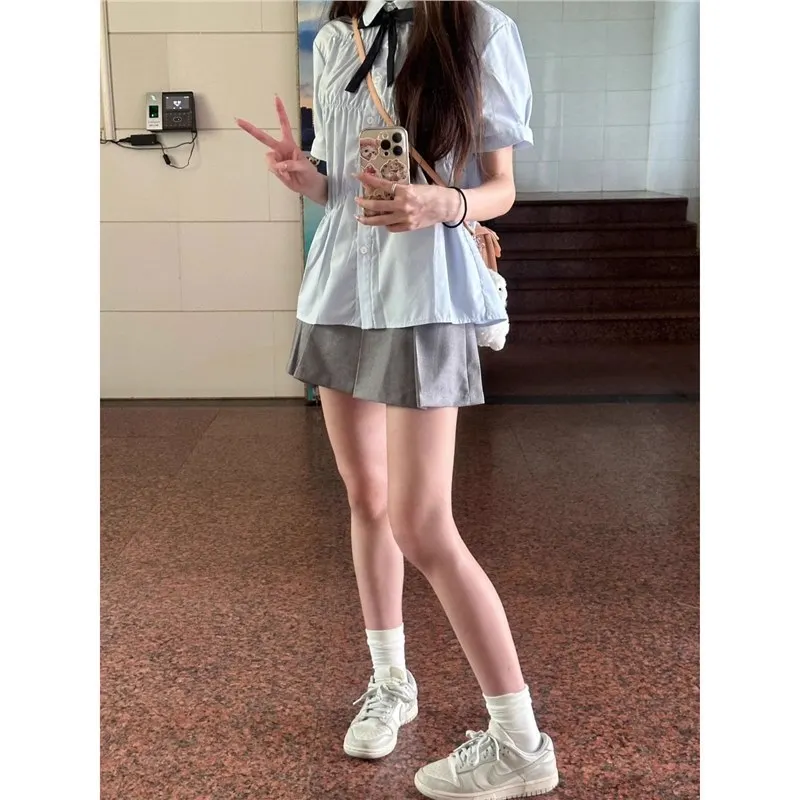 Women Popular Trend Lovely Turn Down Collar Short Sleeve Top Fashion Solid Color Polo Shirts Blue Folds Korean Preppy Style