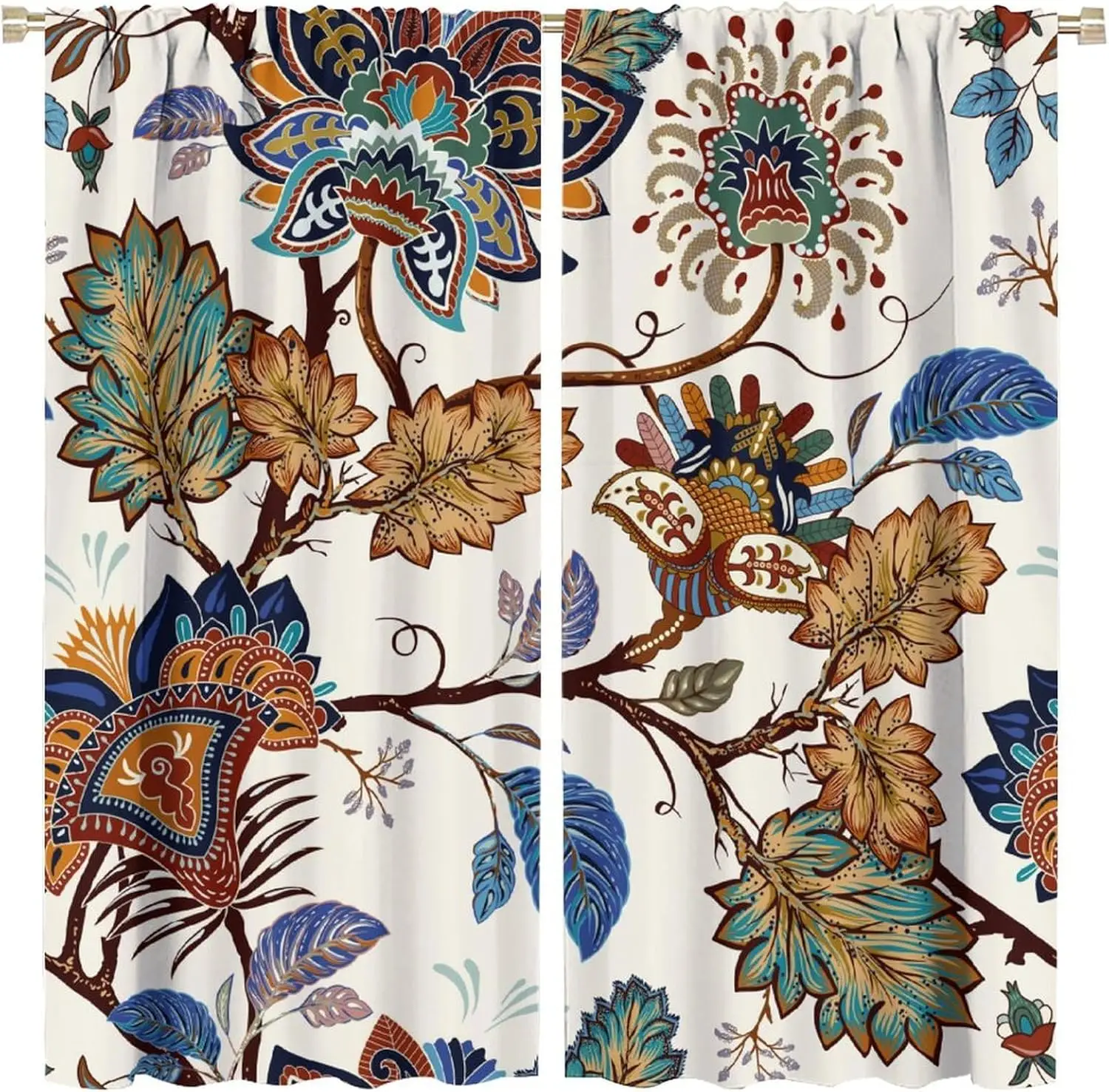 2 Panels Vintage Jacobean Floral Blackout Curtains Boho Exotic Branch Leaf Paisley Flower Print Drapes Ethnic Homestay Bedroom