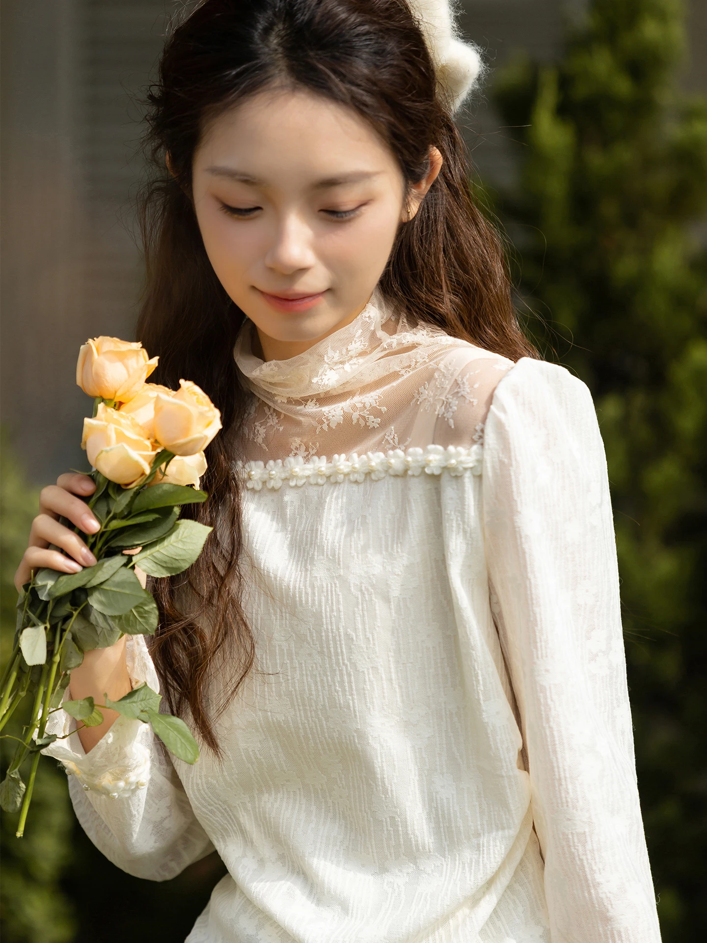 

Женский кружевной базовый слой с длинным воротником Sve irt, воротник-стойка Ne Design, смесь хлопка, удобная офисная одежда прямого кроя