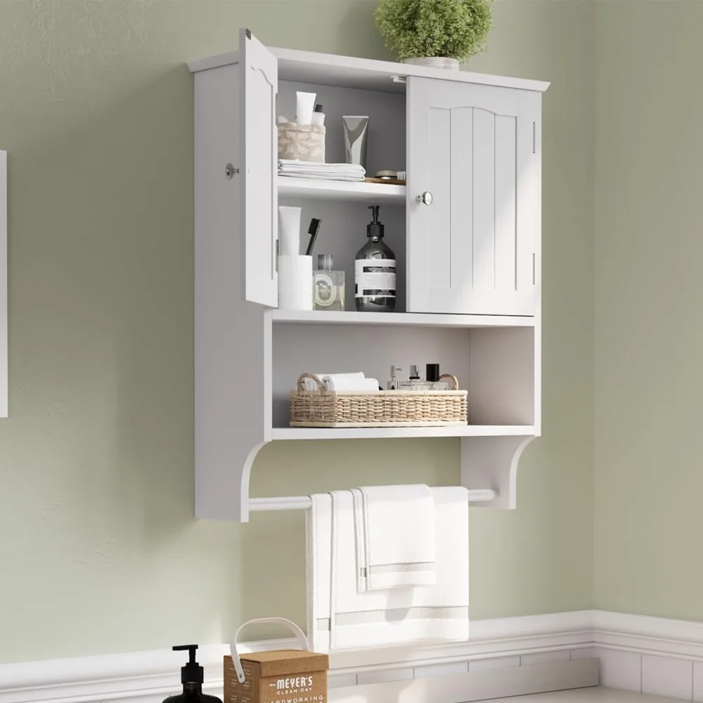 

White Bathroom Cabinet Wall Mounted with Towels Bar, Bathroom Medicine Cabinet with 2 Door Adjustable Shelves