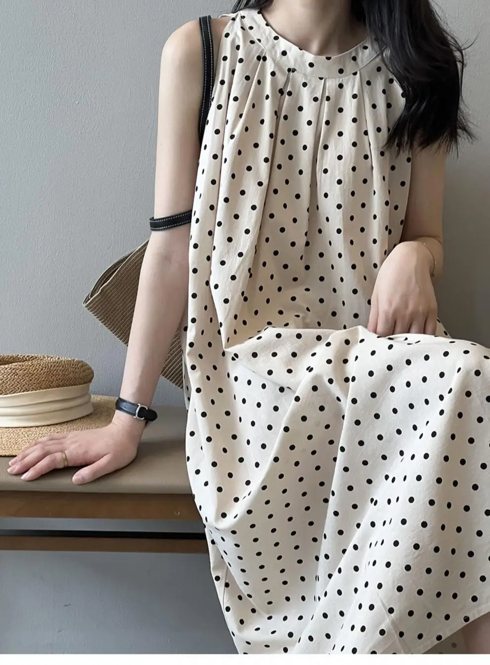 Abito estivo a pois Abito da donna pigro per le vacanze con cinturino francese Abito lungo a trapezio Design senza maniche T-shirt lunga Abito girocollo