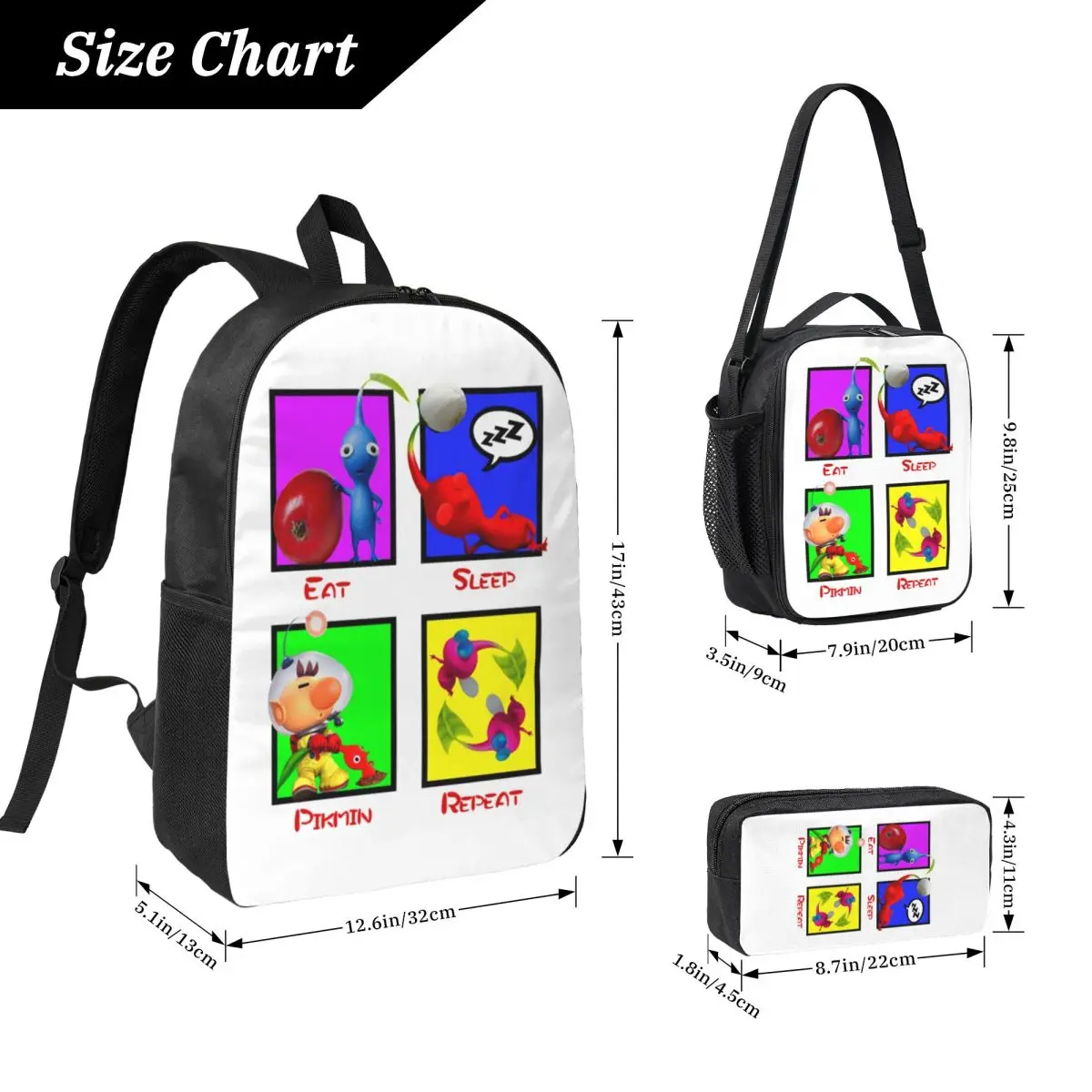 Eat Sleep Pikmin Repeat Backpack Student Boys Girls BookBag School Bag Laptop Shoulder Bags 3ps Insulated Lunch Bag Pencil Case