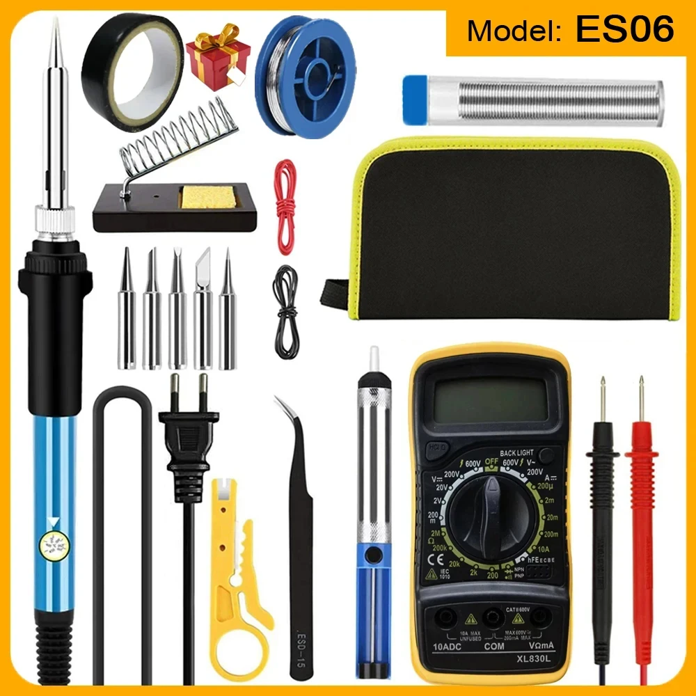 Soldering Iron Kit Welding Tool, Soldering Kit with LCD Digital Multimeter, 60W Soldering Iron with 5 Extra Tips, Stand