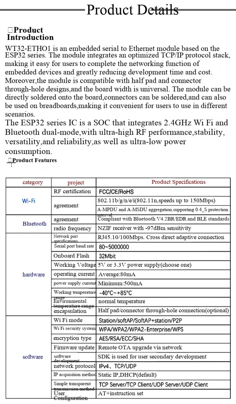 WT32-ETH01 eingebettetes seriell-zu-Ethernet/WiFi & Bluetooth MCU-Modul ESP32 Drahtlosmodul – Detail 2