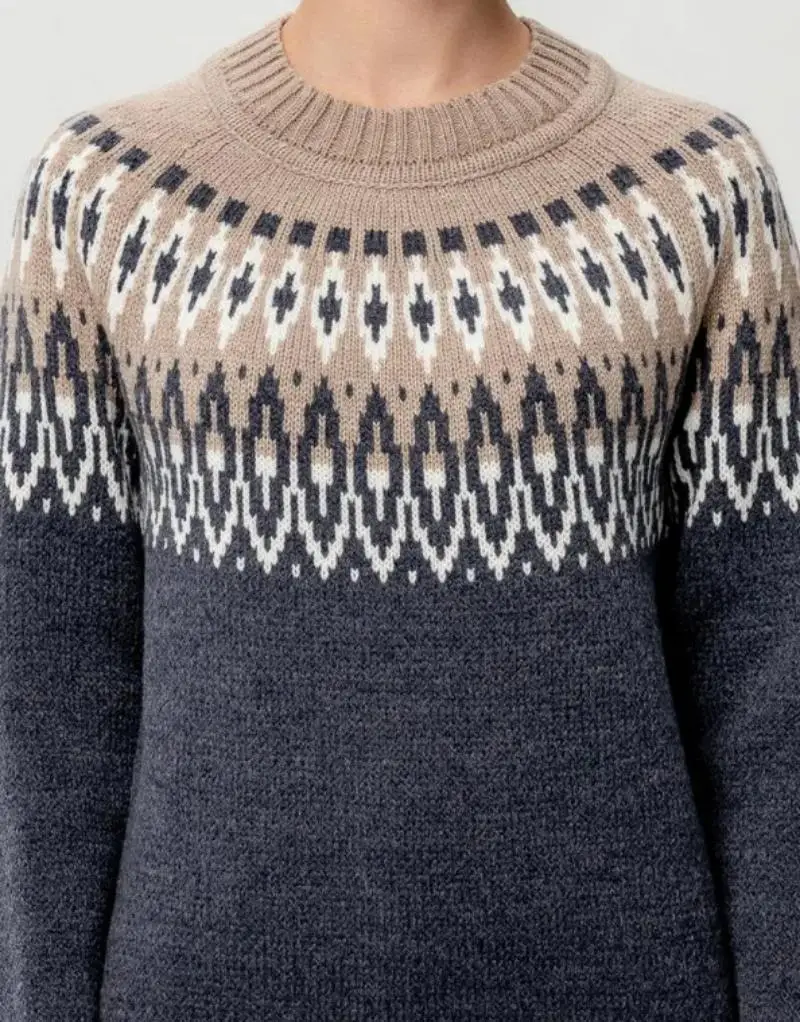 Sweter Fair Isle z okrągłym dekoltem i blokami kolorów Luźny, modny sweter z dzianiny na odzież zimową 2024