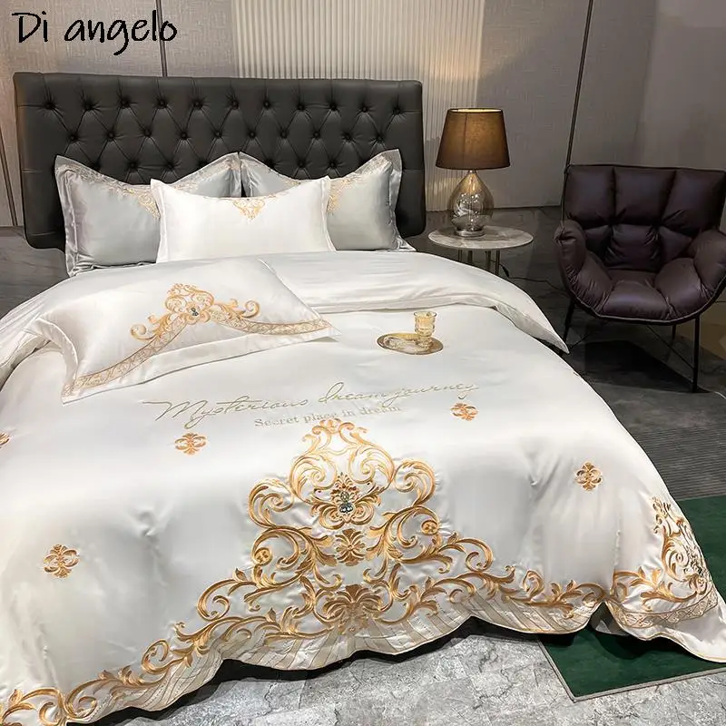 New White Luxury Exquisite Gold Royal Embroidery Soft Easy Bedding Set Duvet Cover Bed Linen Flat Sheet Pillowcases #/L
