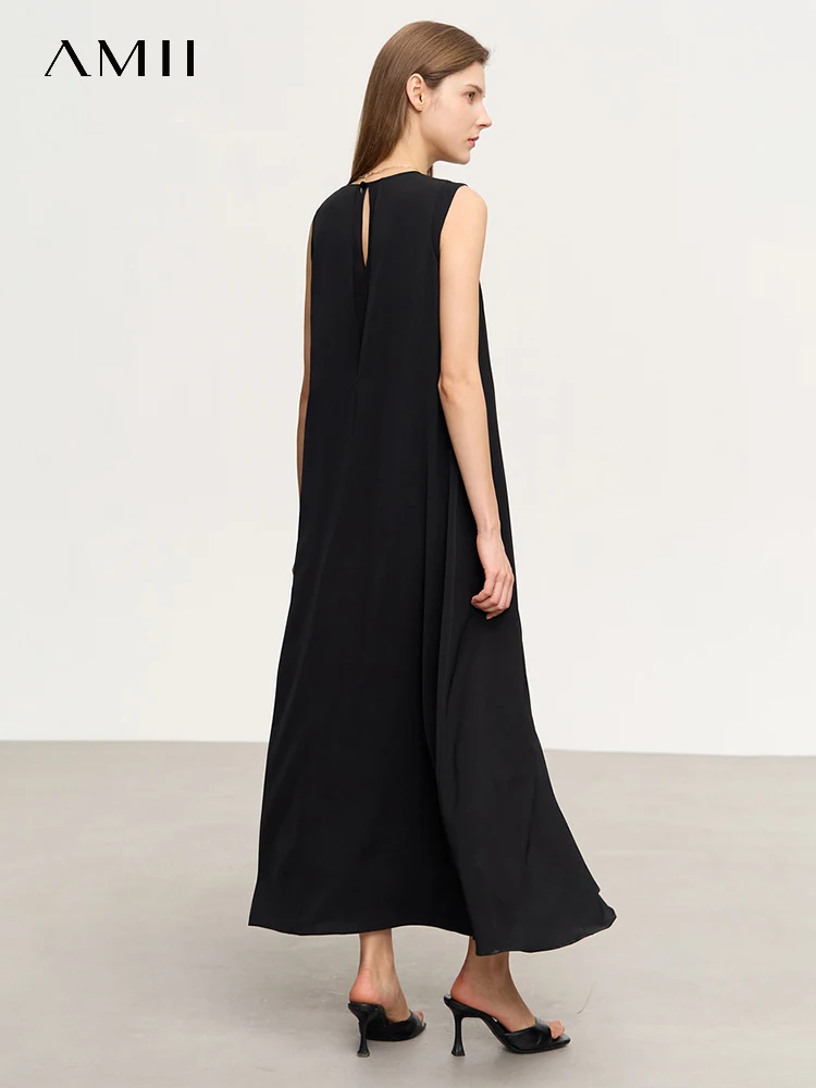 

AMII Minimalism Solid Sleeveless Twill Loose Waist Women's Dress 2023 Summer New Chiffon Female Elegant Long Sundress 12352031