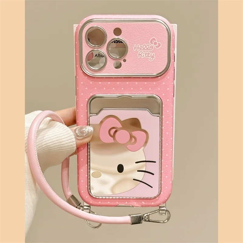 

Cute Pink Blue Hello Kitty Cat Wallet card bag Luxury Make Up Mirror Phone Cover For iPhone 17 13 14 15 16 Pro Max leather Cover