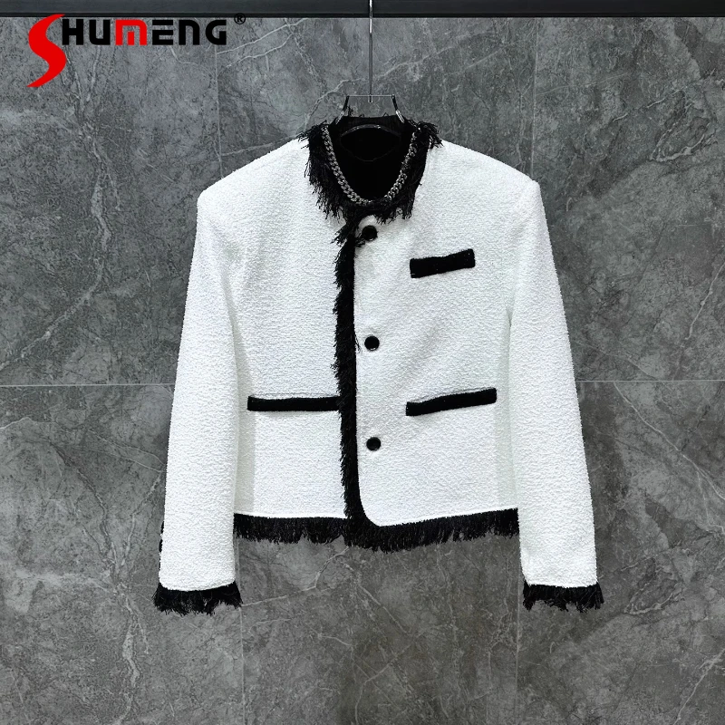 

2025 Autumn Winter New Men's Jacket Small Fragrant Contrast Color Tassel Tweed Short Design Jackets Round Neck Long Sleeve Coats